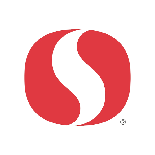 Red and white logo with a registered trademark symbol on a white background