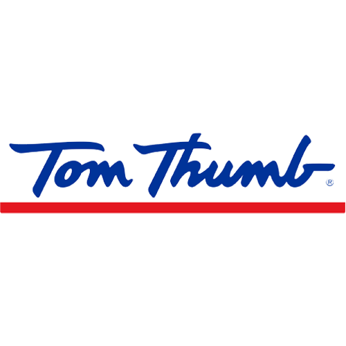 Tom Thumb logo with blue text and red line on a white background