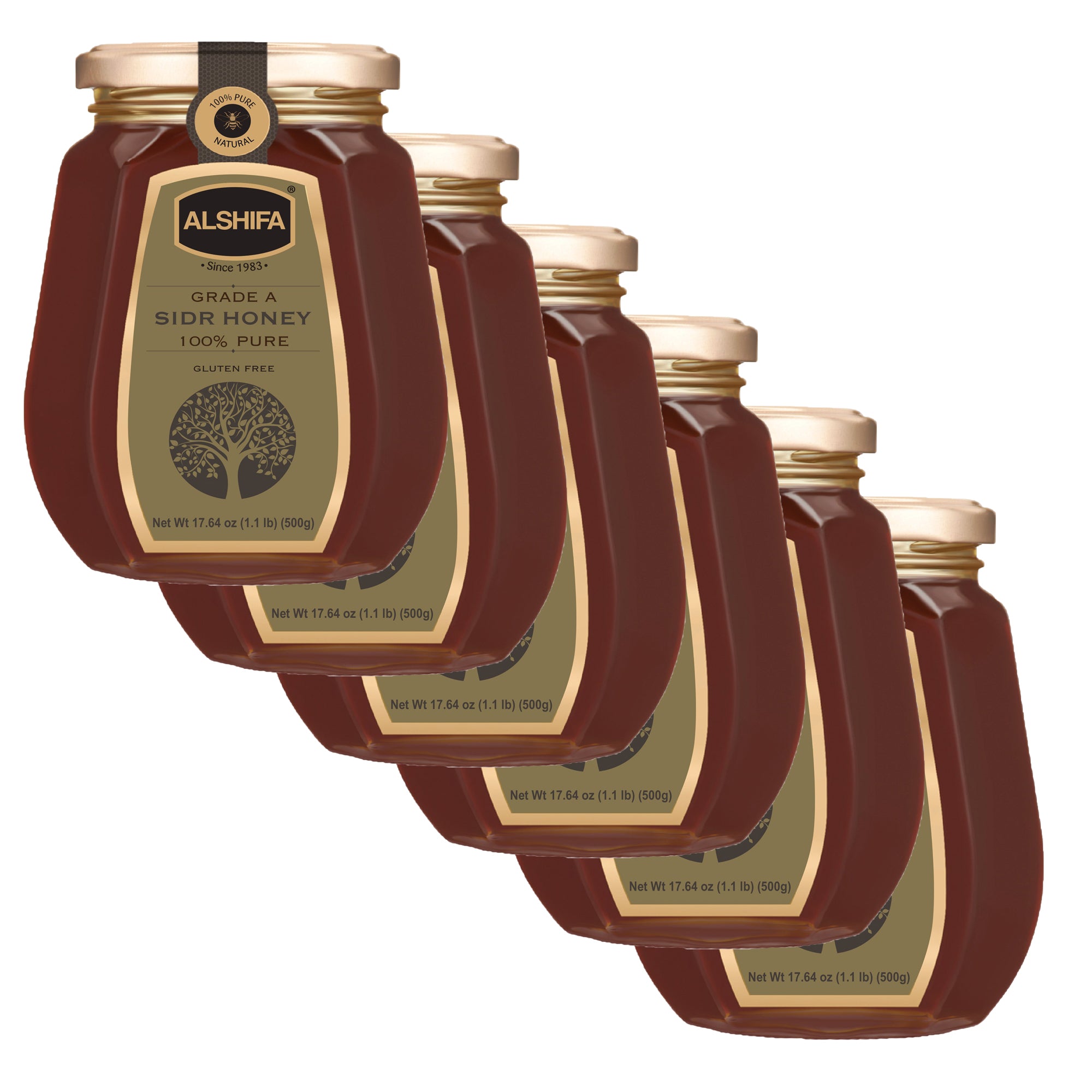 Five jars of Alshifa honey arranged in a row on a white background