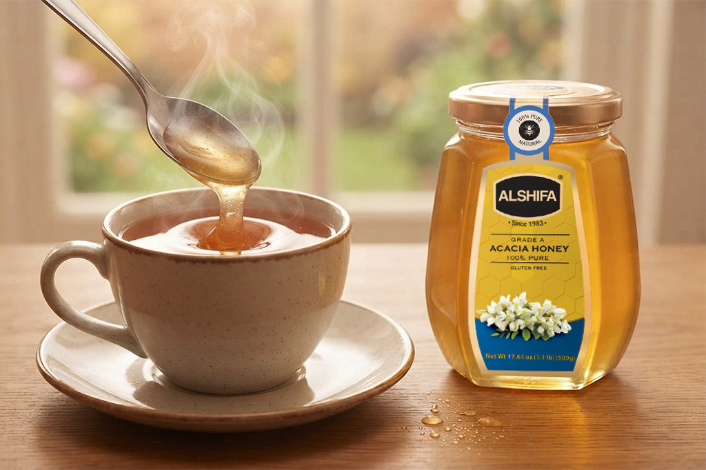 Smooth ALSHIFA Acacia Honey being spooned into a cup of hot tea beside the jar
