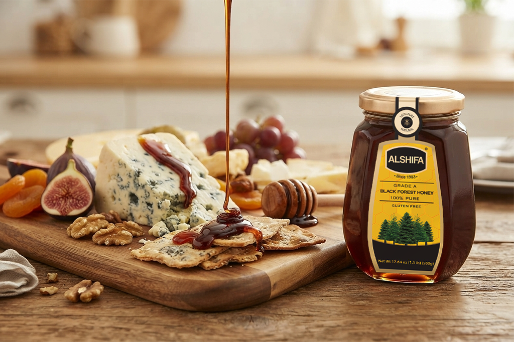 ALSHIFA Black Forest Honey drizzled over blue cheese on a board with figs, walnuts, and crackers