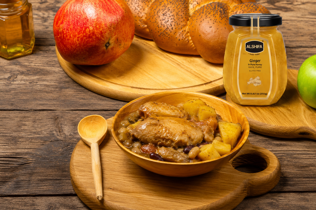 Honey-glazed chicken and vegetable stew in a wooden bowl beside a jar of ALSHIFA Ginger in Pure Honey