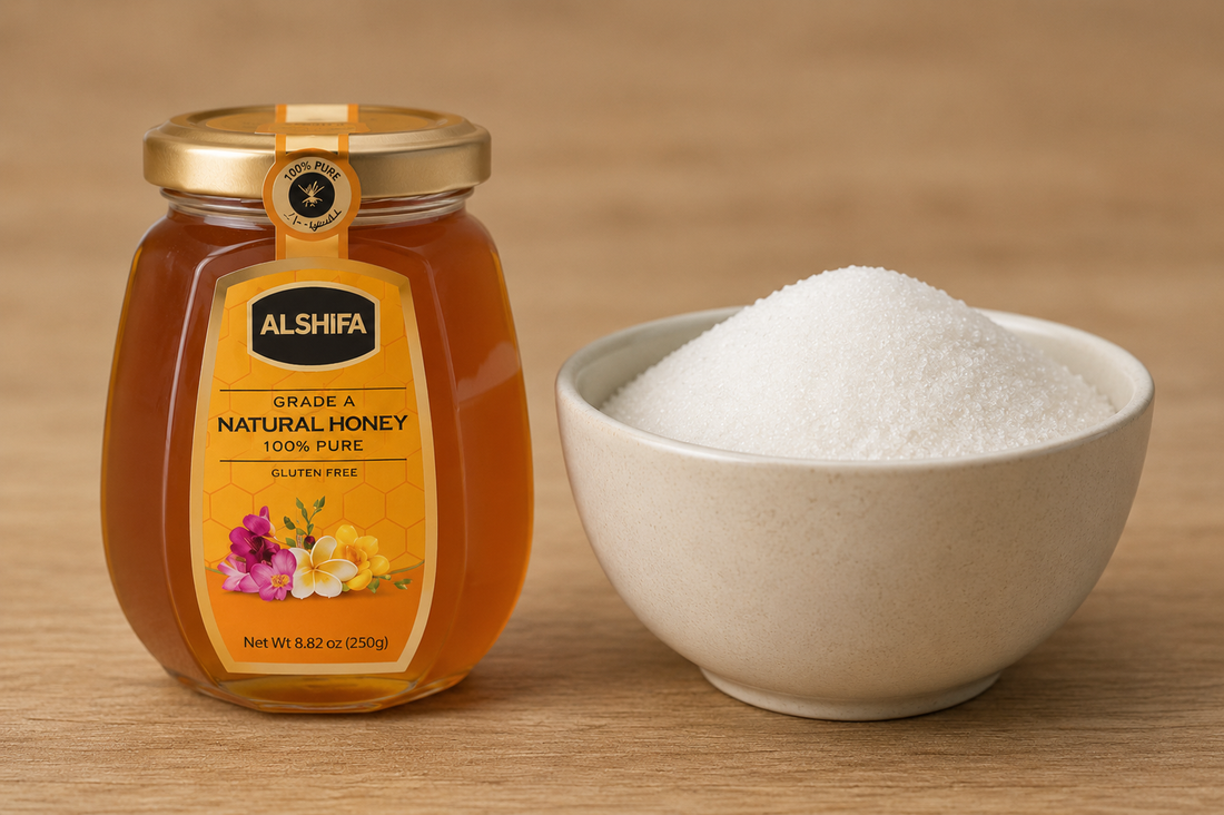 Jar of ALSHIFA Natural Honey beside a bowl of refined white sugar, comparing honey as a natural sweetener alternative