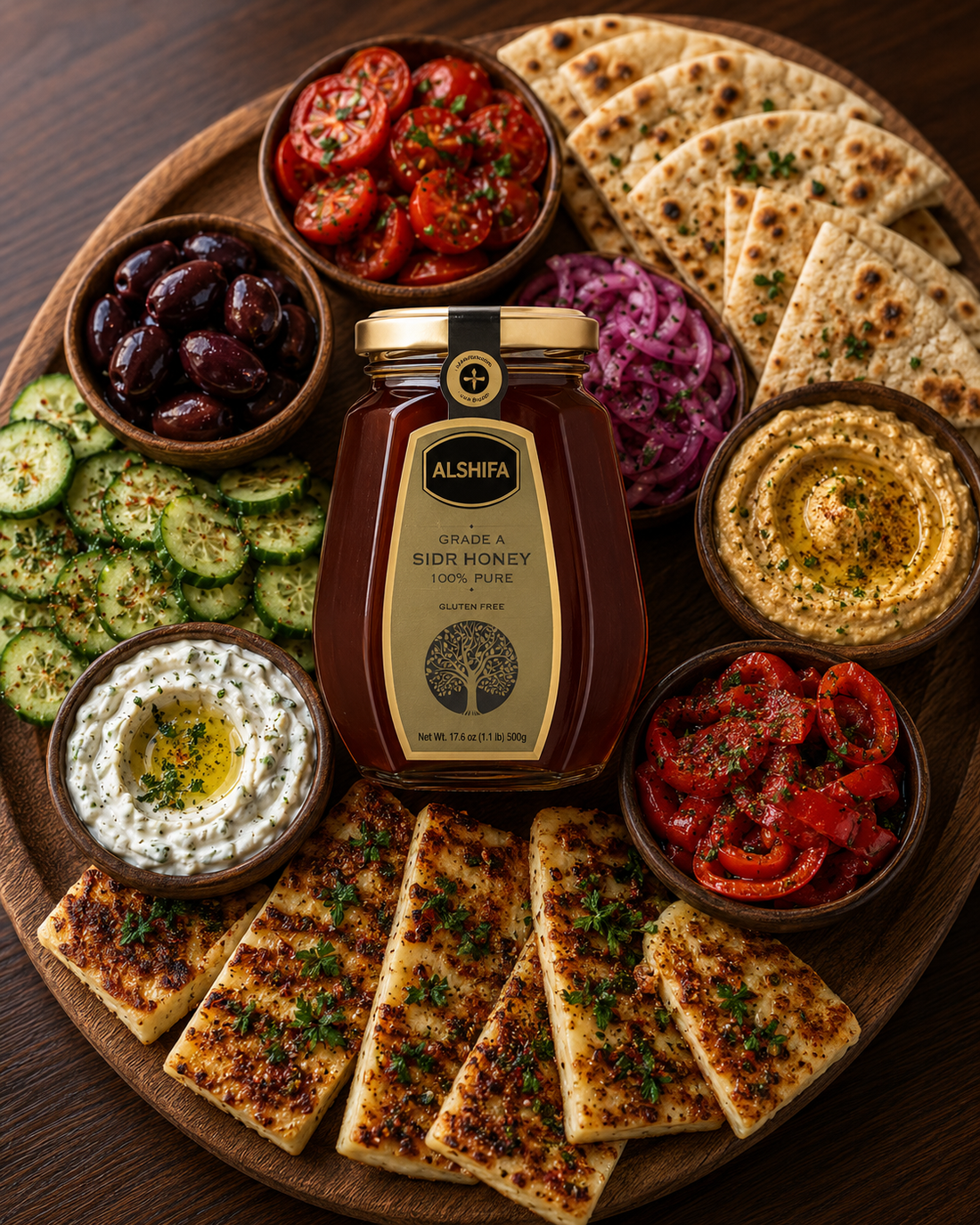 Jar of ALSHIFA Sidr Honey on a Mediterranean mezze platter with grilled halloumi, hummus, tzatziki, pita, olives, and roasted peppers