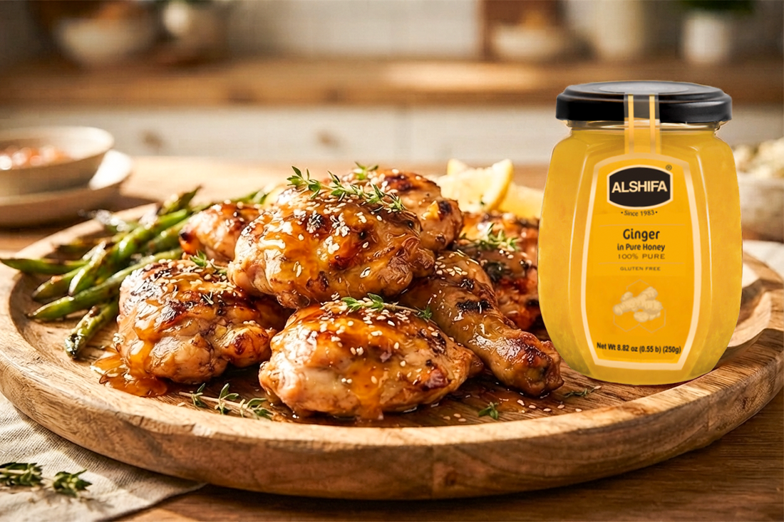 Jar of ALSHIFA Ginger in Pure Honey beside glazed chicken with sesame seeds and asparagus on a wooden platter