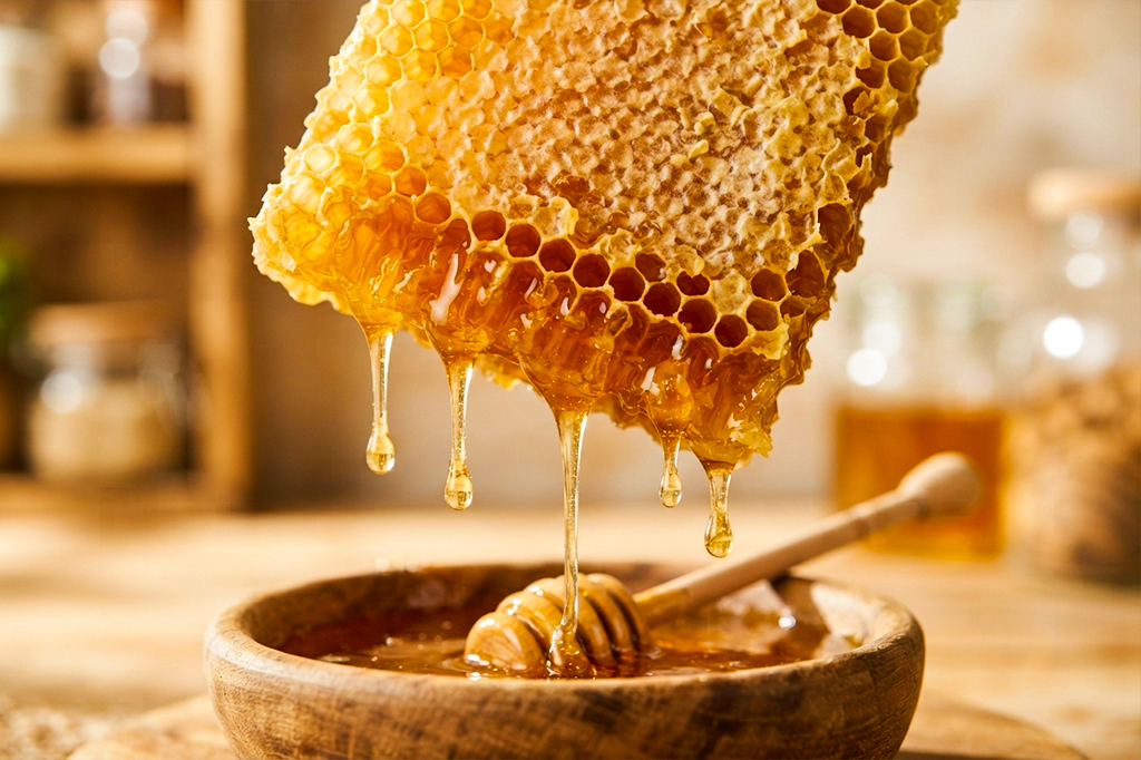 Fresh honeycomb dripping pure golden honey into a wooden bowl, showing honey clarity and quality