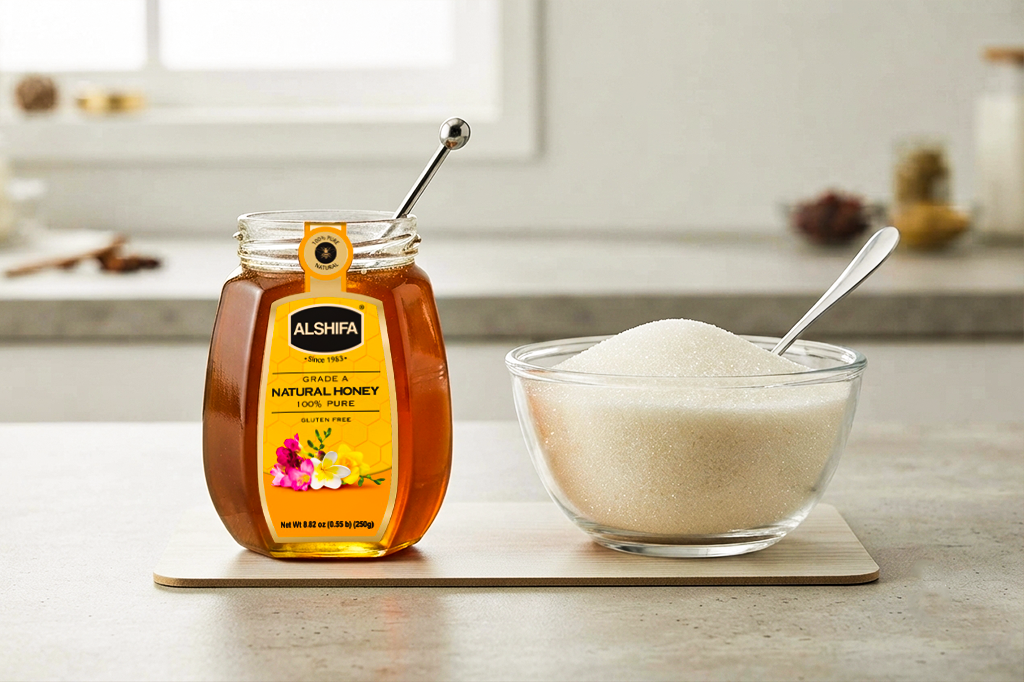 Jar of ALSHIFA Natural Honey beside a bowl of white sugar, showing honey as a baking substitute for sugar