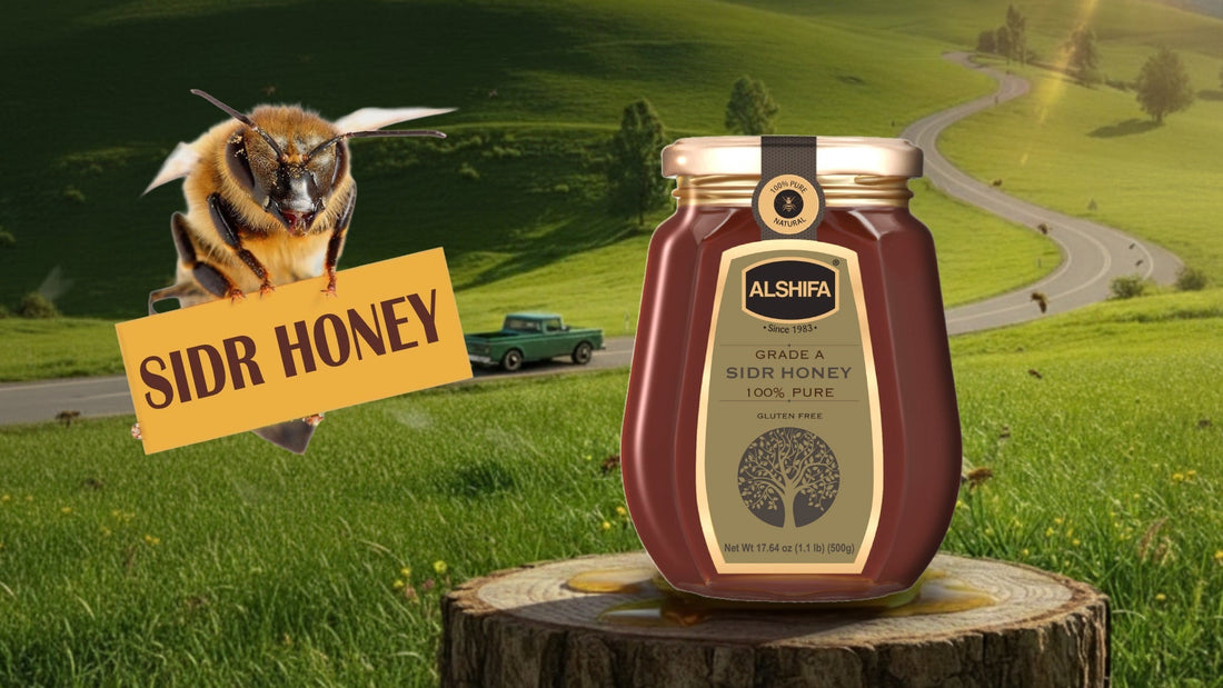 Jar of ALSHIFA Grade A Sidr Honey on a tree stump with a bee holding a Sidr Honey sign in a green countryside