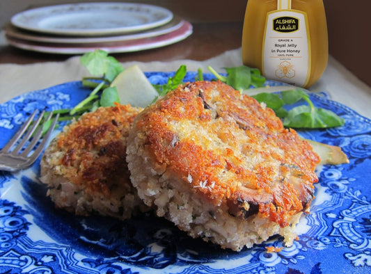 PORCINI AND SAFFRON RISOTTO CAKES WITH HONEY RICOTTA