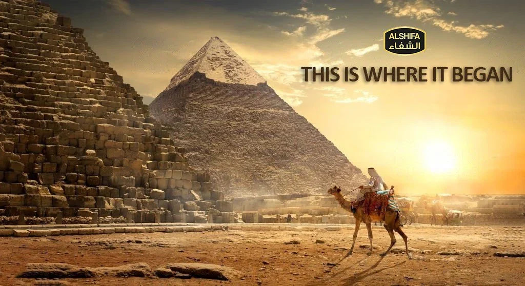 Ancient Egyptian pyramid at sunset representing the ancient history and origins of honey