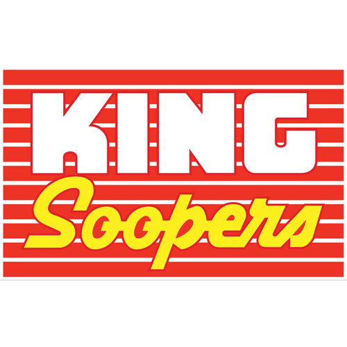 King Soopers logo with red stripes and yellow text on a white background