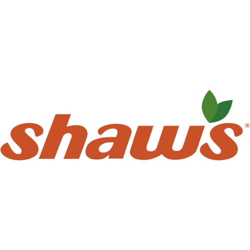 Shaws logo with orange text and green leaf on a white background
