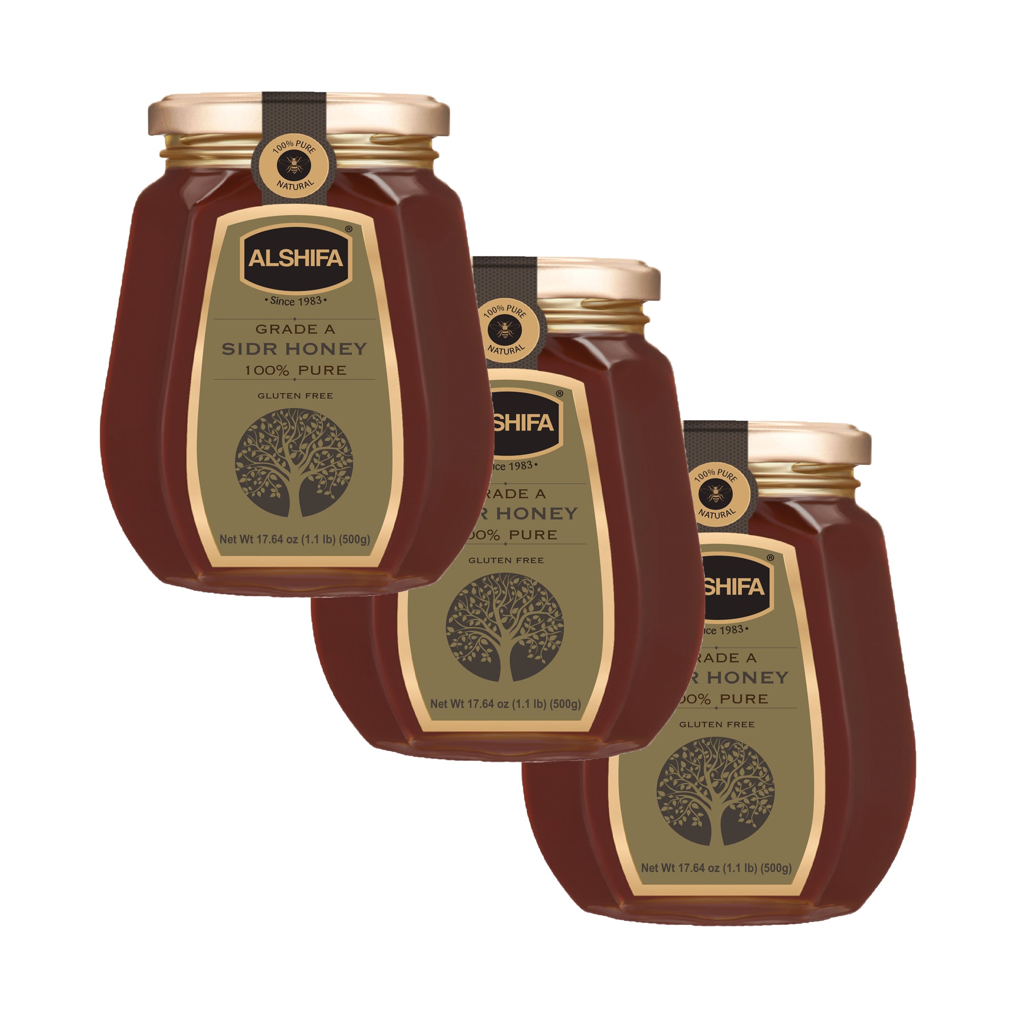 Three jars of Alshifa honey on a white background
